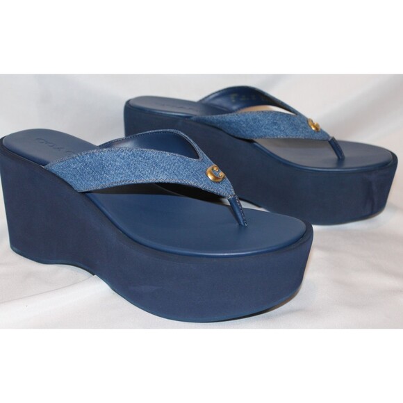 COACH SIGNATURE DENIM SCULPTED C‎ THONG FLIP FLOP SANDALS NIB CHALK BLUE - Picture 1 of 8